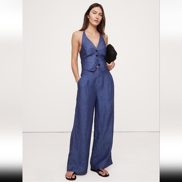 Banana Republic High-Rise Wide-Leg Linen Pant Blue - Picture 1 of 5